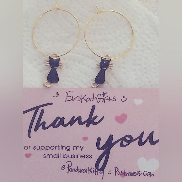 Hand Crafted Gold Hoop Earrings with Black Cat Charms - Picture 1 of 4